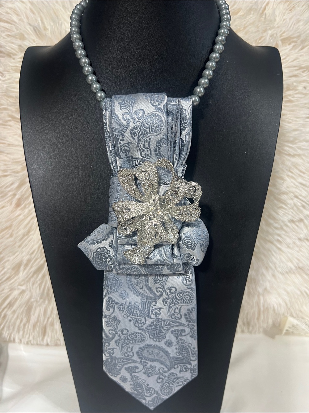 Silver Paisley Statement Tie Necklace with Crystal Floral Brooch
